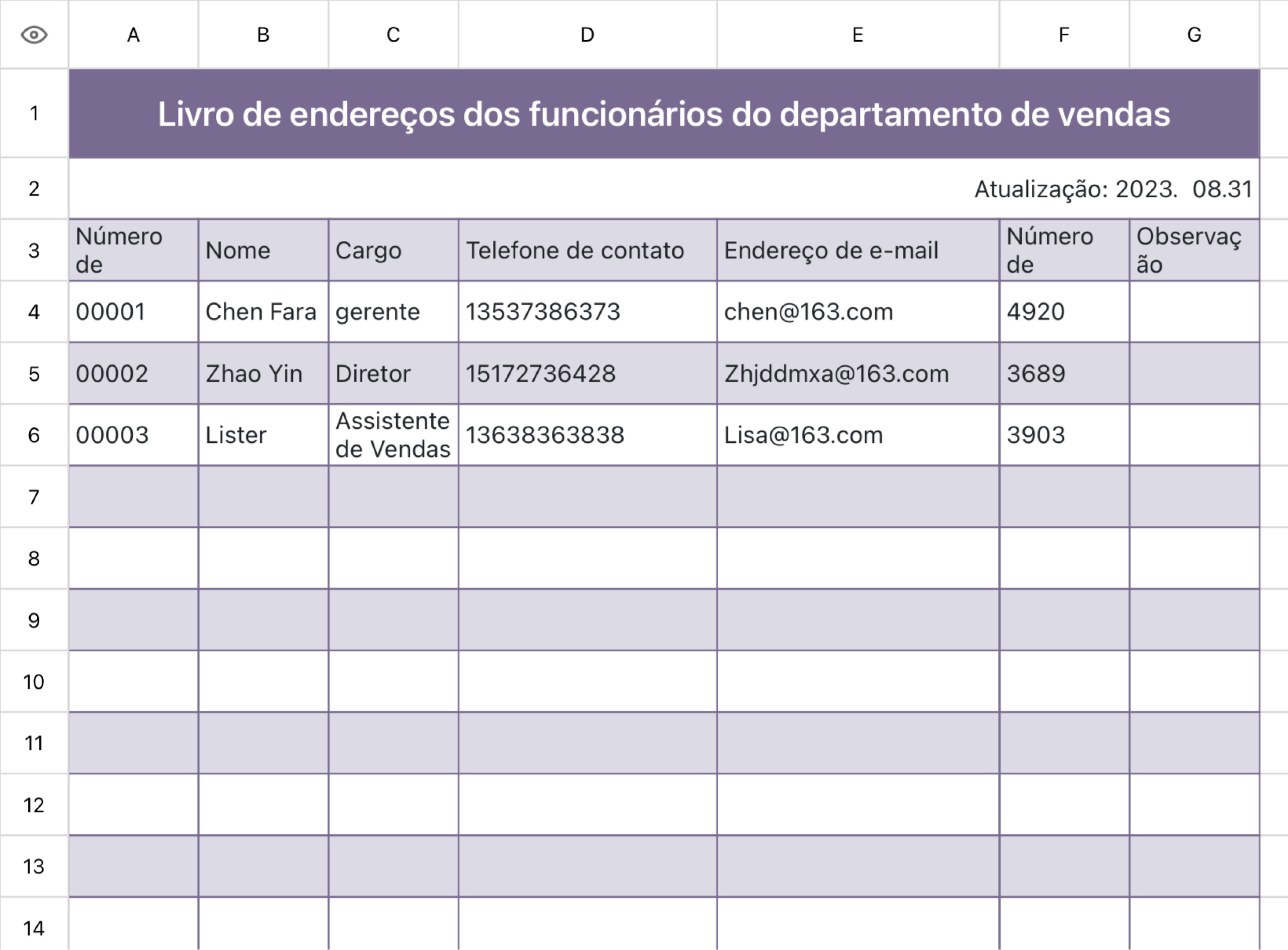 Livro de endereços dos funcionários do departamento de vendas